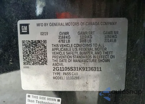 2019 Chevrolet Impala Premier из США, поврежденный, VIN 2G1105S31K9136311